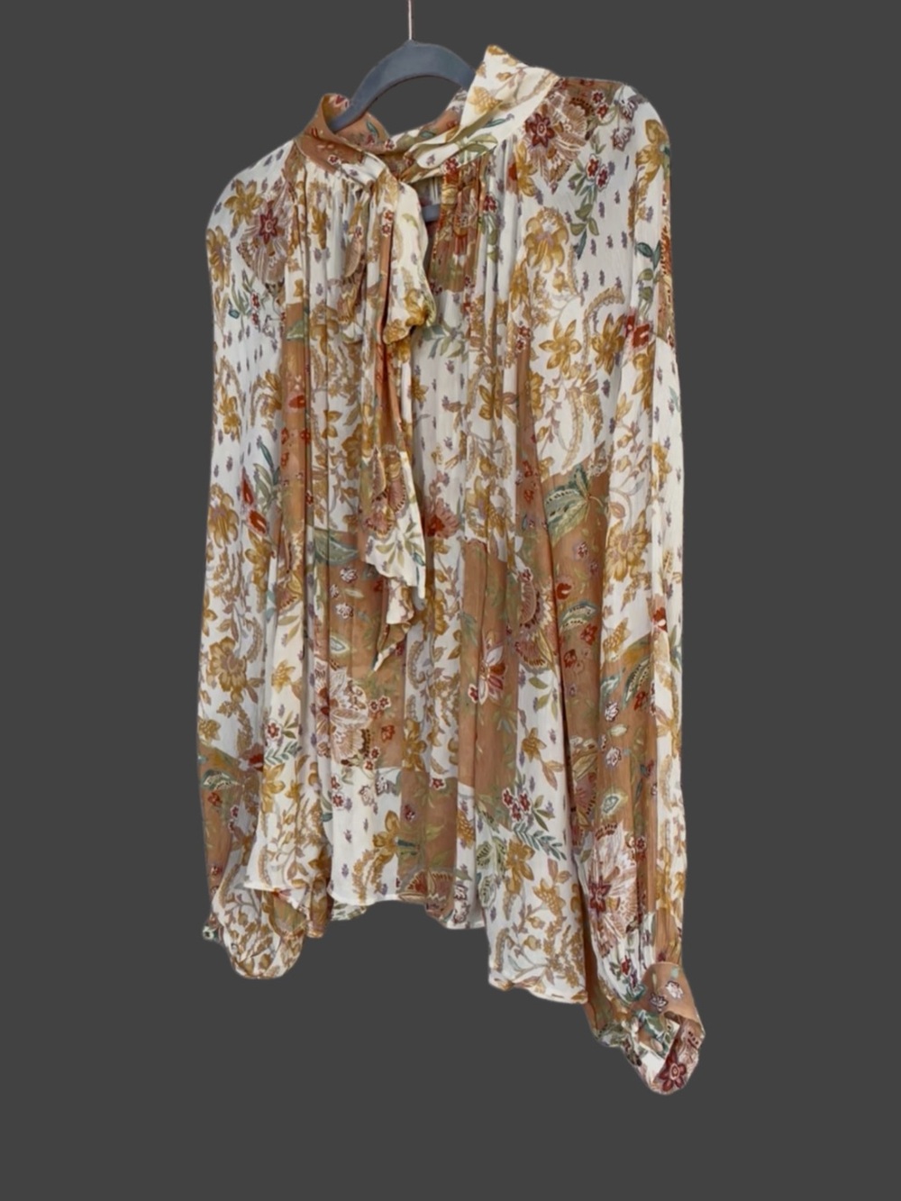 SEZANE Orange Tan Boho Floral Patchwork Flowy Chiffon Tie Back Solange Blouse - Picture 17 of 17